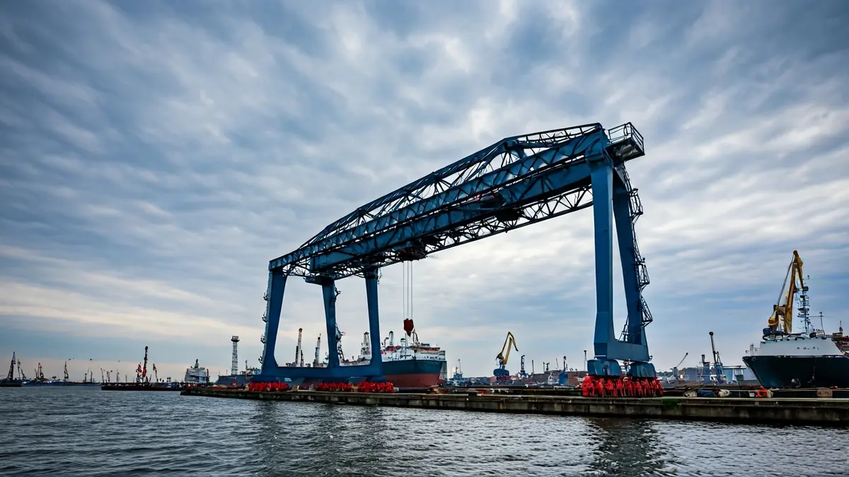 Imagen de una grúa industrial en un astillero, con el cielo nublado de fondo.