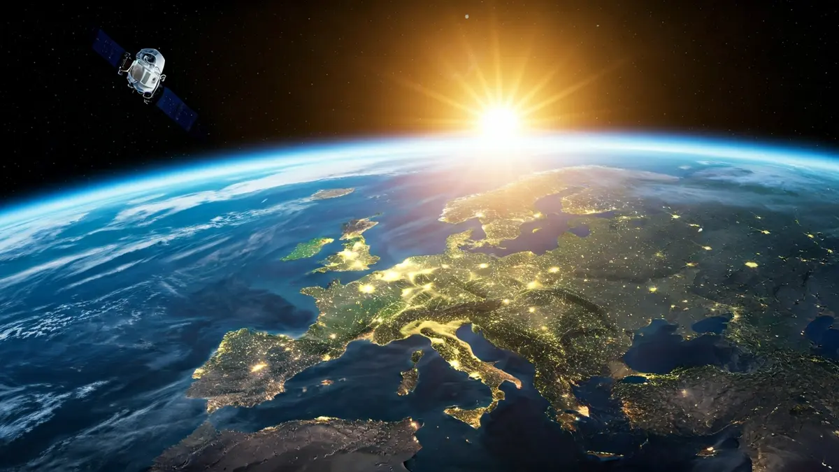 Imagen de un satélite en órbita monitoreando ecosistemas costeros.