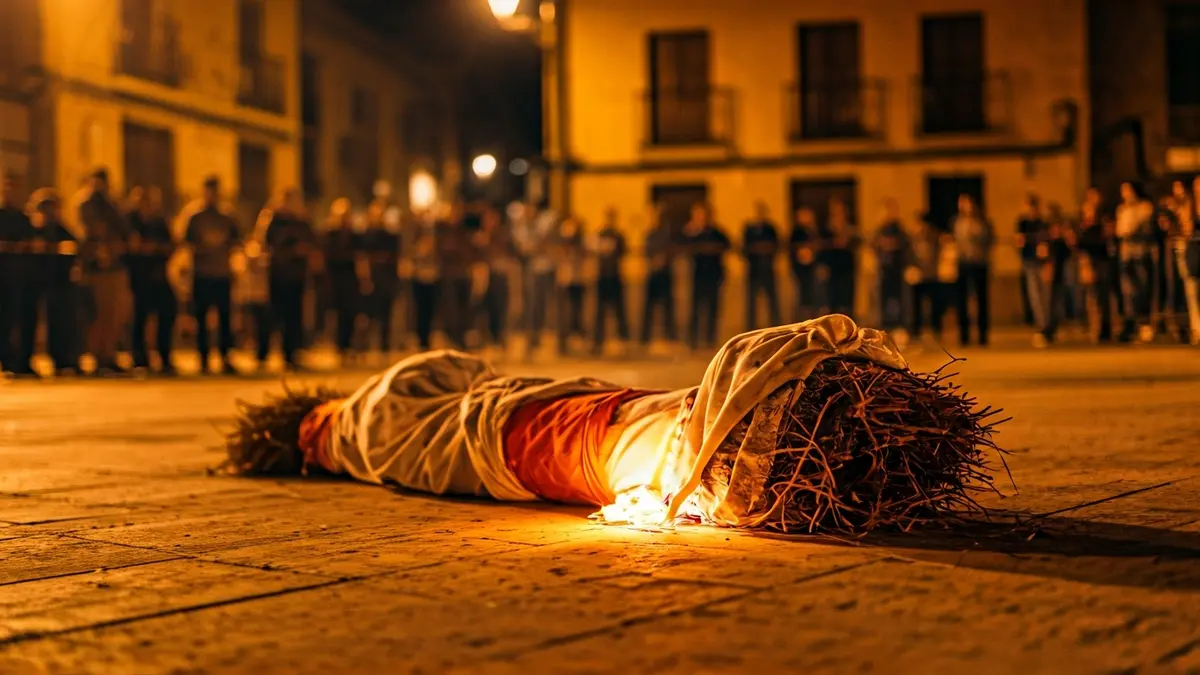 Imagen de un muñeco quemado durante una festividad tradicional en un pueblo andaluz.