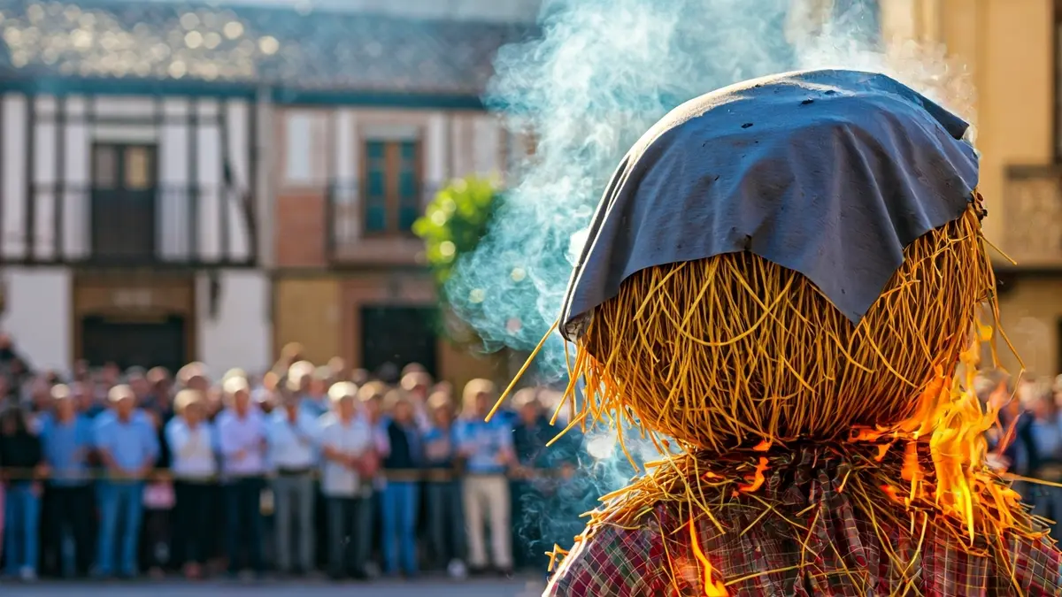 Image of a burned effigy in a village square during a festival.