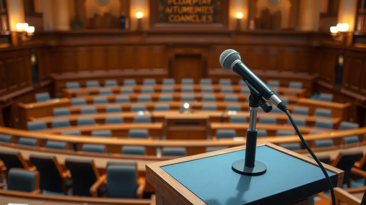 Imagen genérica de un micrófono en un podio en una sala de plenos vacía, simbolizando el debate político.
