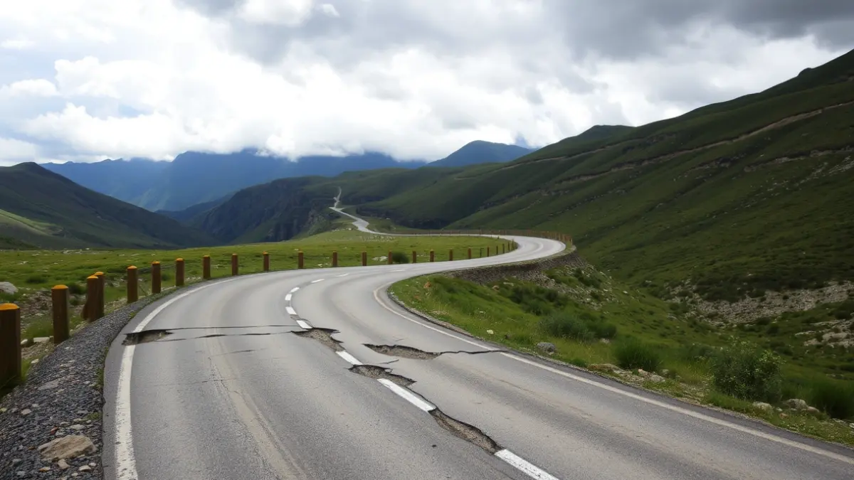 Carretera deteriorada en la Sierra de Cádiz, con grietas y baches, reflejando la necesidad de inversión en infraestructuras.