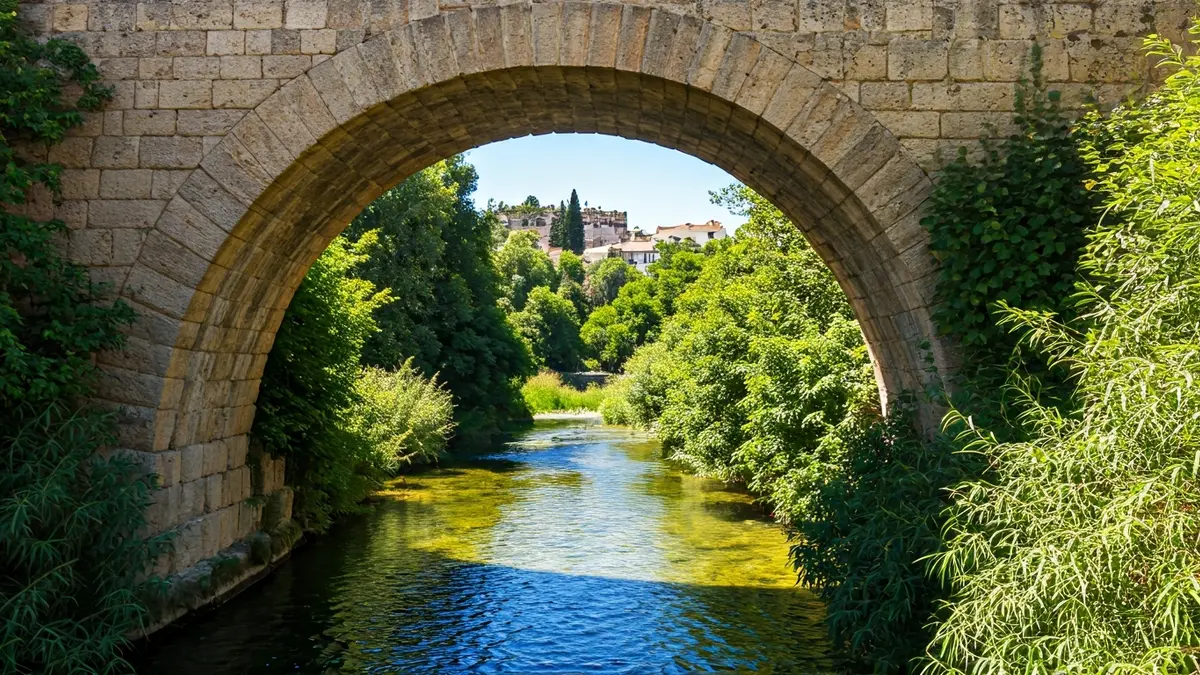 Imagen de un puente romano restaurado en un entorno natural.