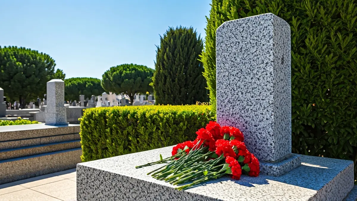 Monolith in a cemetery with red flowers, symbolizing homage to democratic memory.