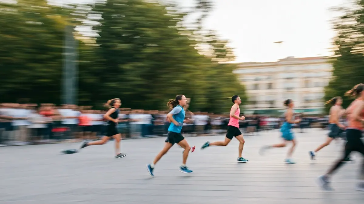 Imagen de participantes en una carrera híbrida en un parque urbano.