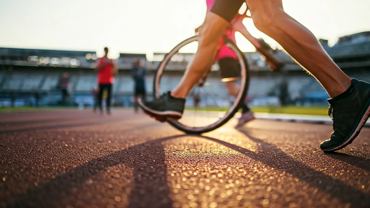 Generic image of a duathlete running, with a blurred bicycle in the background.