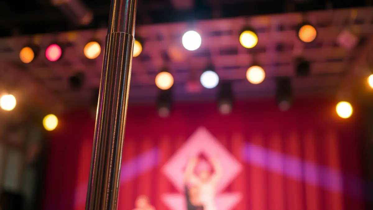 Imagen genérica de un escenario de pole dance con luces de espectáculo.