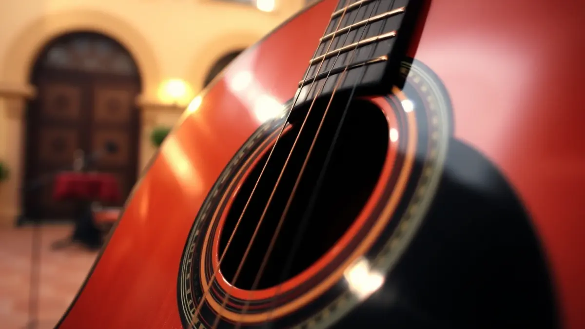 Generic image of a flamenco guitar, focusing on the strings and the body of the instrument.