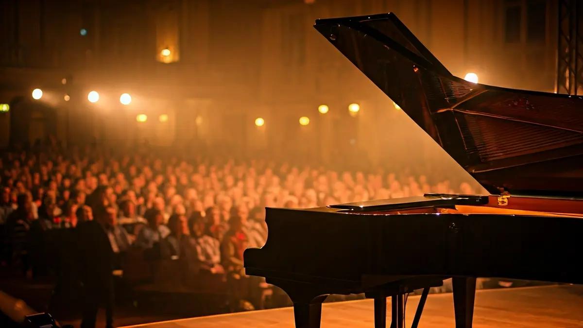 Imagen genérica de un piano de cola en un escenario iluminado, con el público difuminado al fondo.