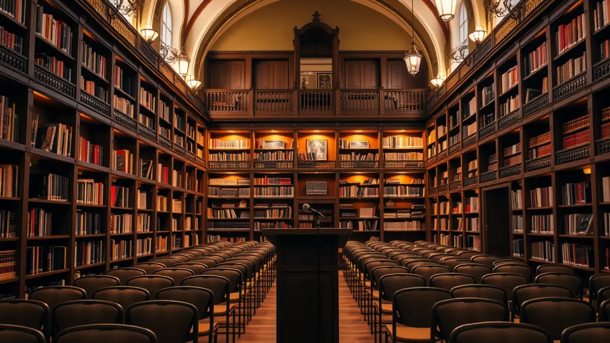 Imagen genérica de un espacio literario o biblioteca con un podio y sillas.