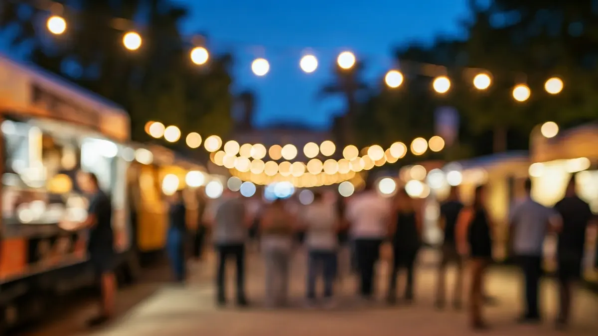 Image of an outdoor food truck festival in a Jaén park at dusk, with lights and people enjoying themselves.