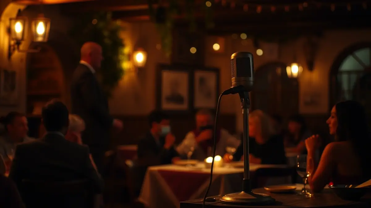 Image of a mystery dinner show in a theatrical setting.