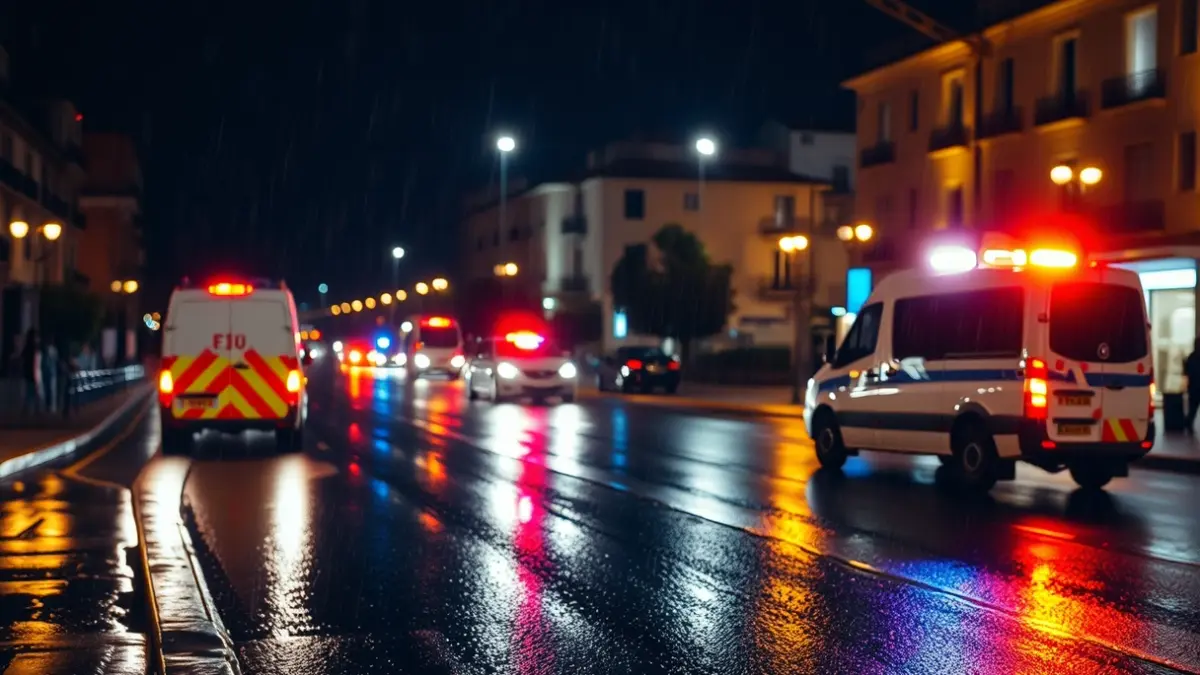 Imagen genérica de luces de emergencia reflejadas en asfalto mojado durante una noche de lluvia intensa.