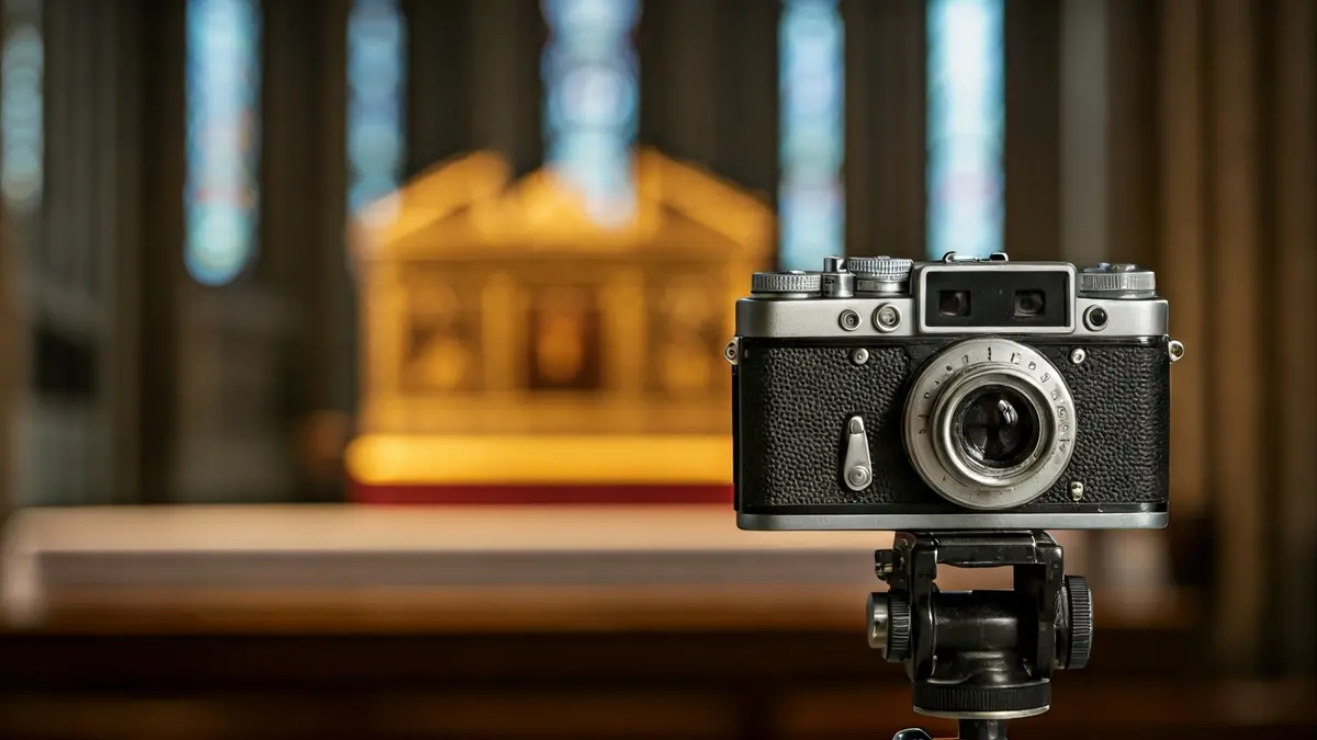 Vintage film camera inside a cathedral, with a blurred religious relic in the background.