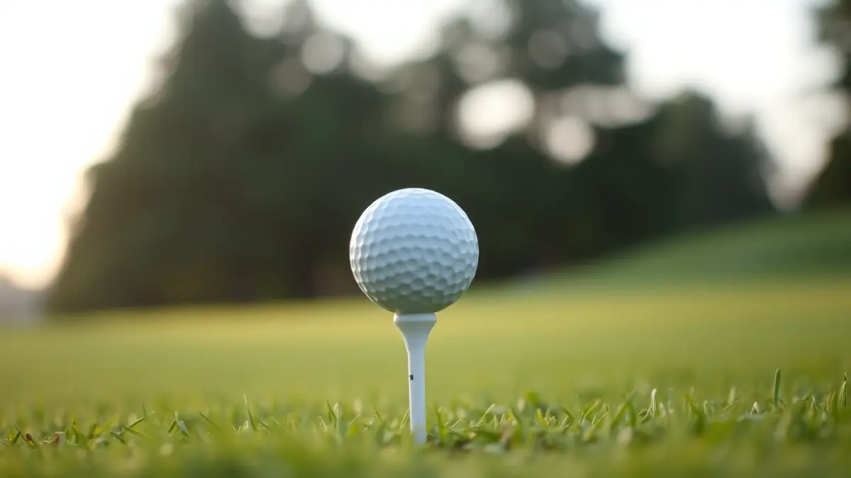 Generic image of a golf ball on a tee with a blurred golf course in the background.