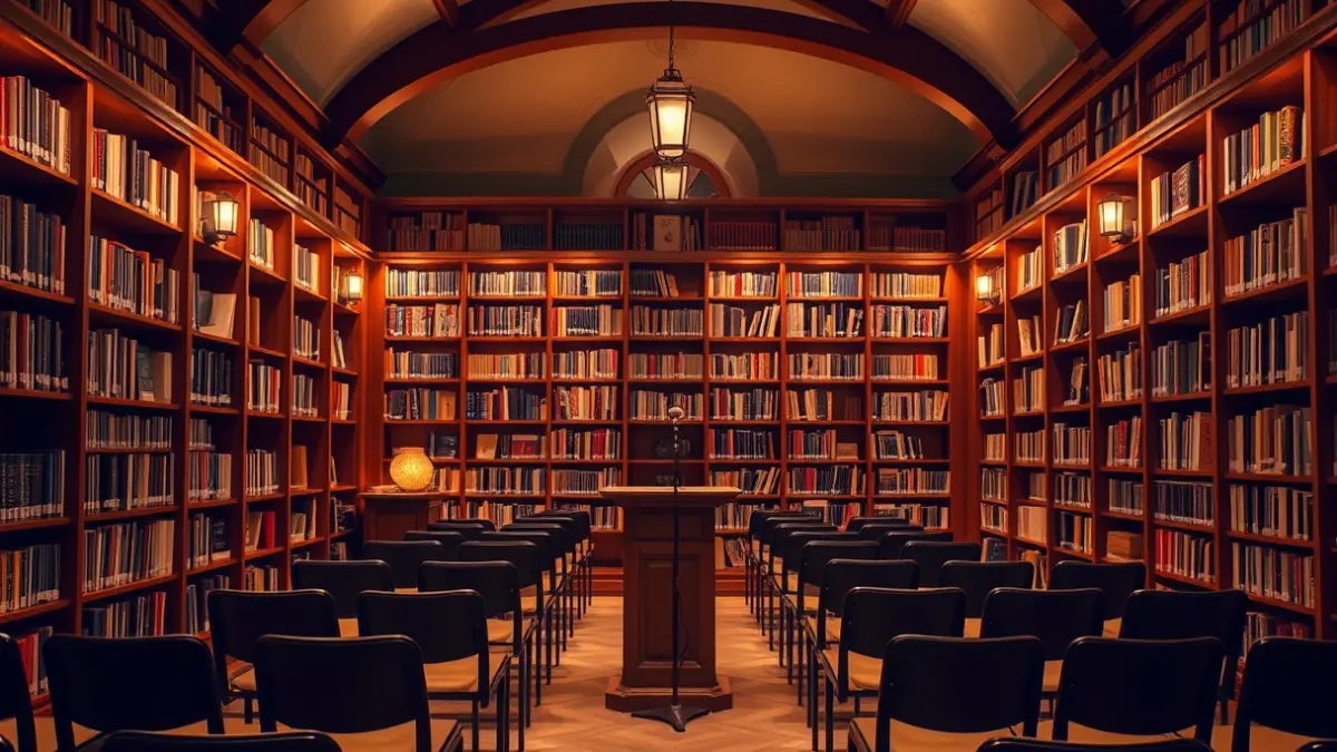 Generic image of a library with wooden bookshelves and a cozy atmosphere.