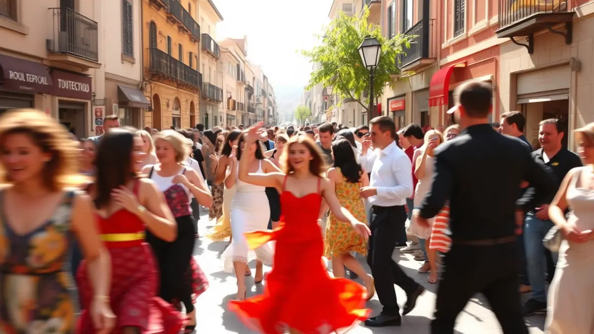 Image of people dancing in a street in Jaén during International Dance Day.
