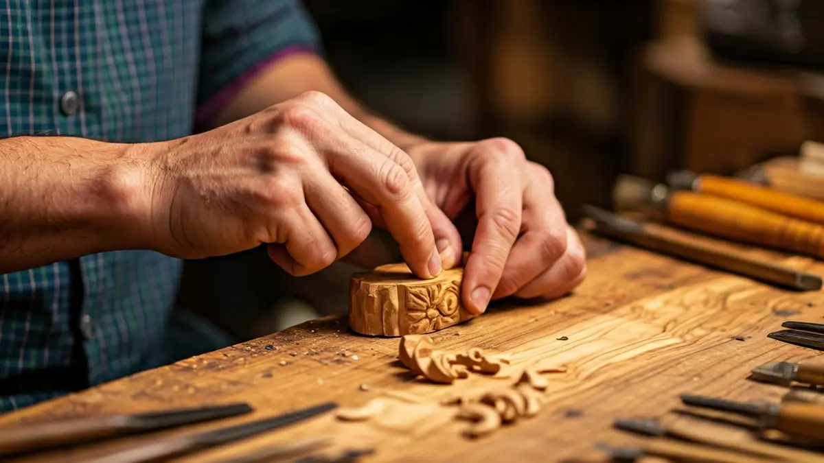 Manos trabajando la madera de olivo en un taller artesanal de Jaén.