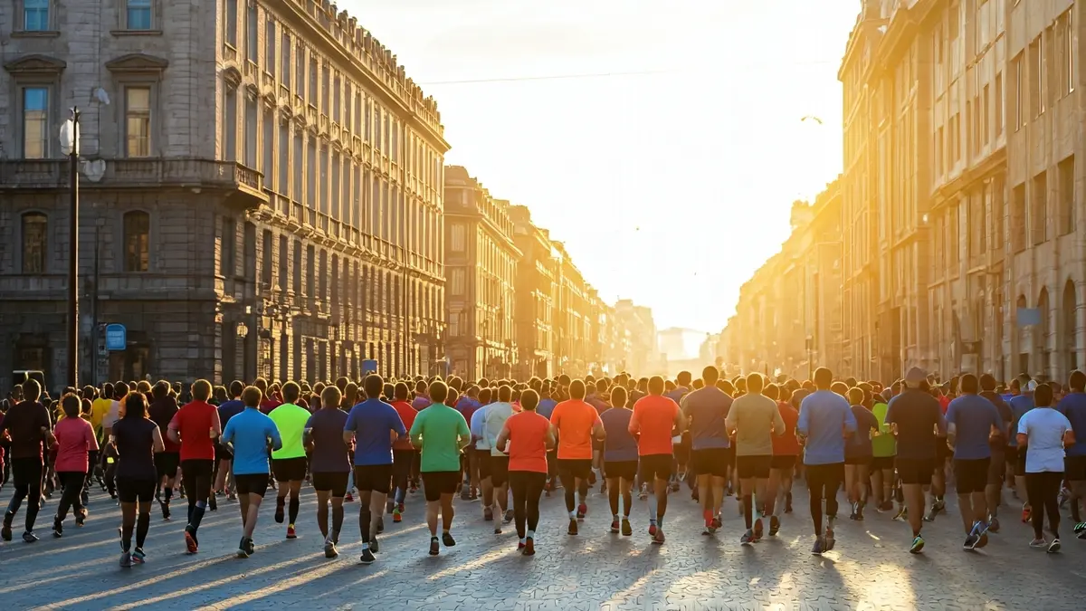 Imagen genérica de una carrera popular con muchos participantes en un entorno urbano.