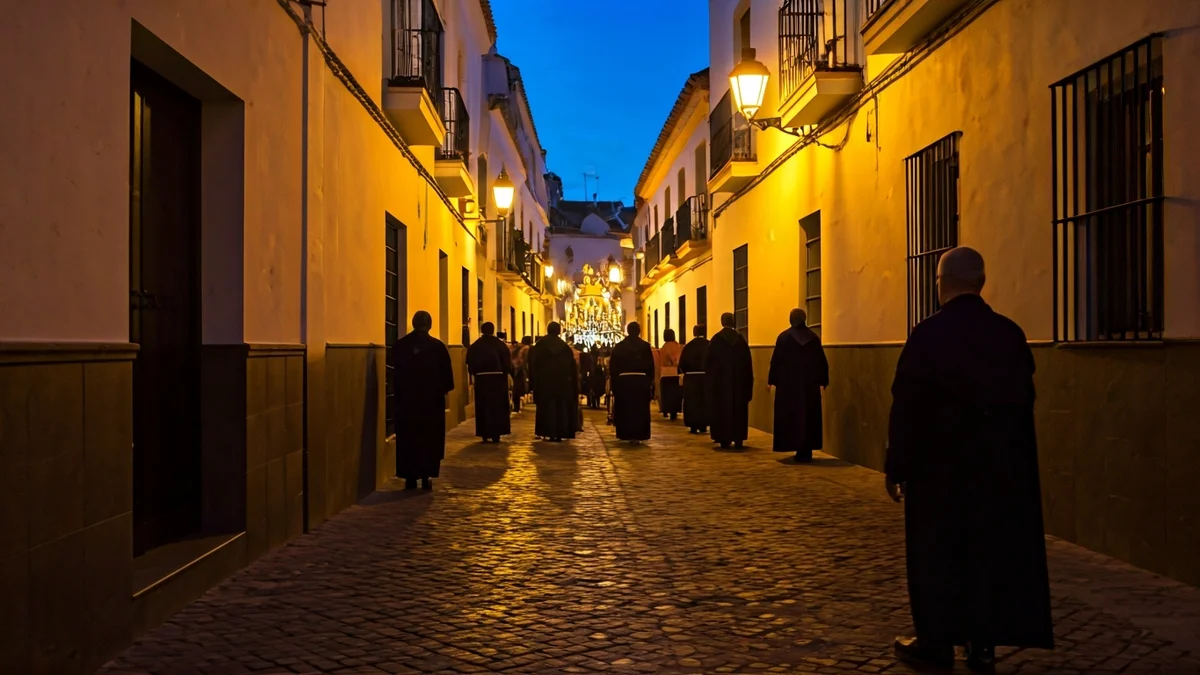 Imagen de una calle andaluza durante la Semana Santa, con luces y ambiente festivo.
