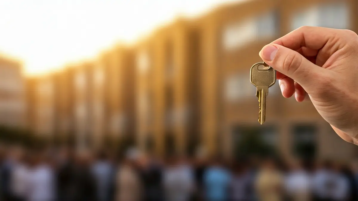 Imagen genérica de una mano sosteniendo una llave con edificios de apartamentos al fondo.