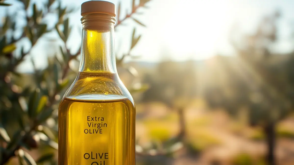 Generic image of a bottle of extra virgin olive oil with olive trees in the background.