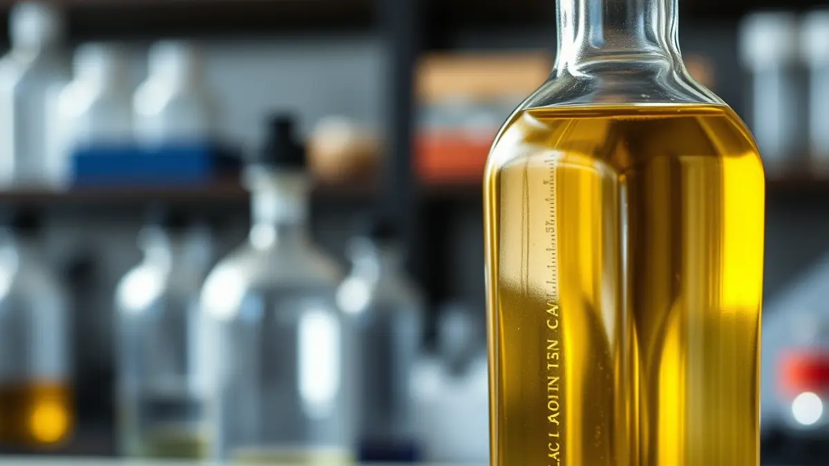 Generic image of an olive oil bottle in a laboratory setting.
