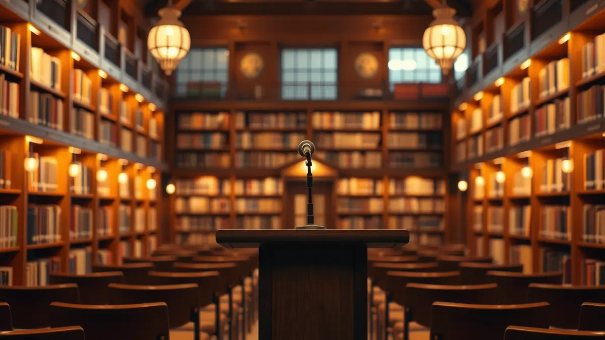 Imagen genérica de un auditorio o sala de conferencias con un micrófono en un podio.