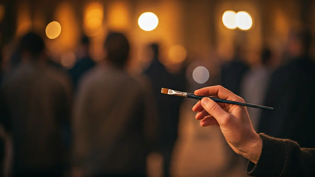 Imagen de un taller de arte con simbología judía, con una mano pintando sobre un lienzo.