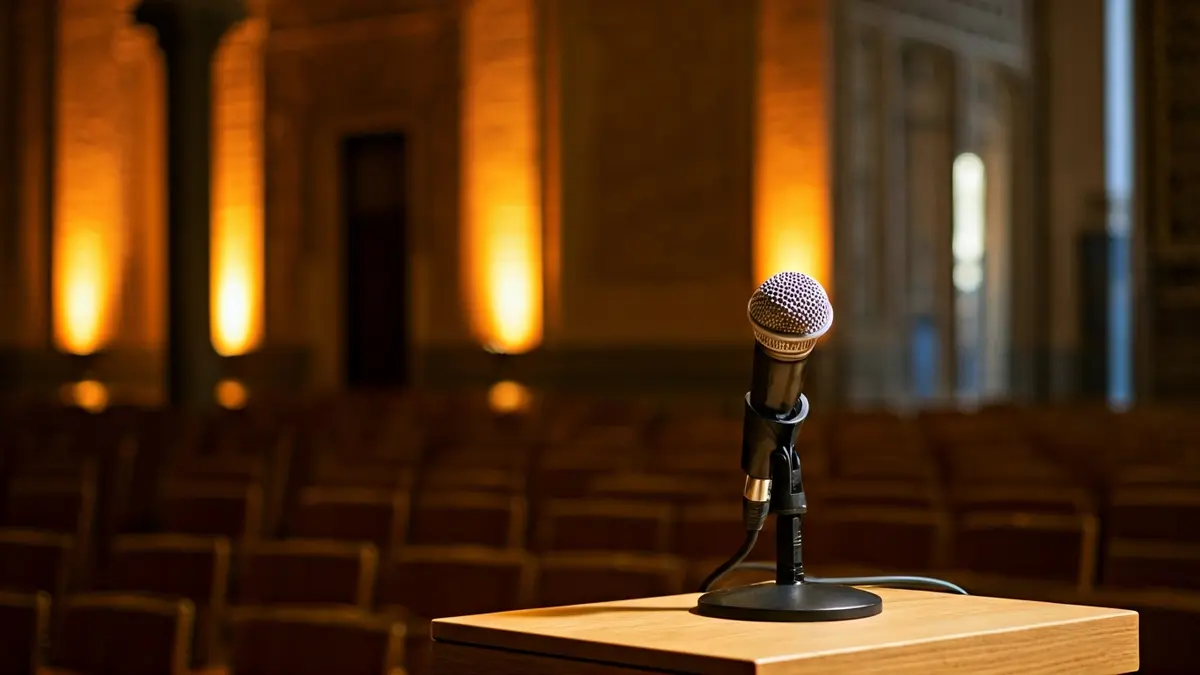 Imagen de un micrófono en un podio dentro de un salón de estilo mudéjar, preparado para un evento cultural.