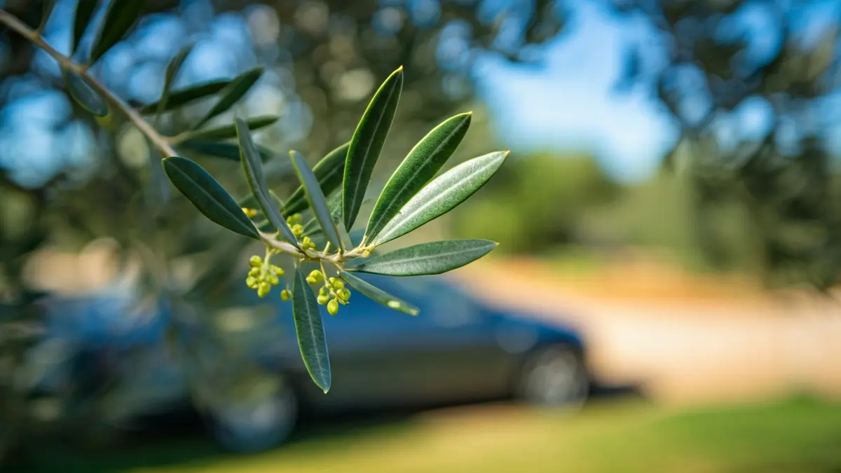 Image of olive leaves with pollen, representing allergies in Jaén.