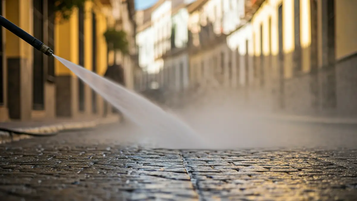Imagen de una máquina hidrolimpiadora retirando cera de una calle en Jaén.