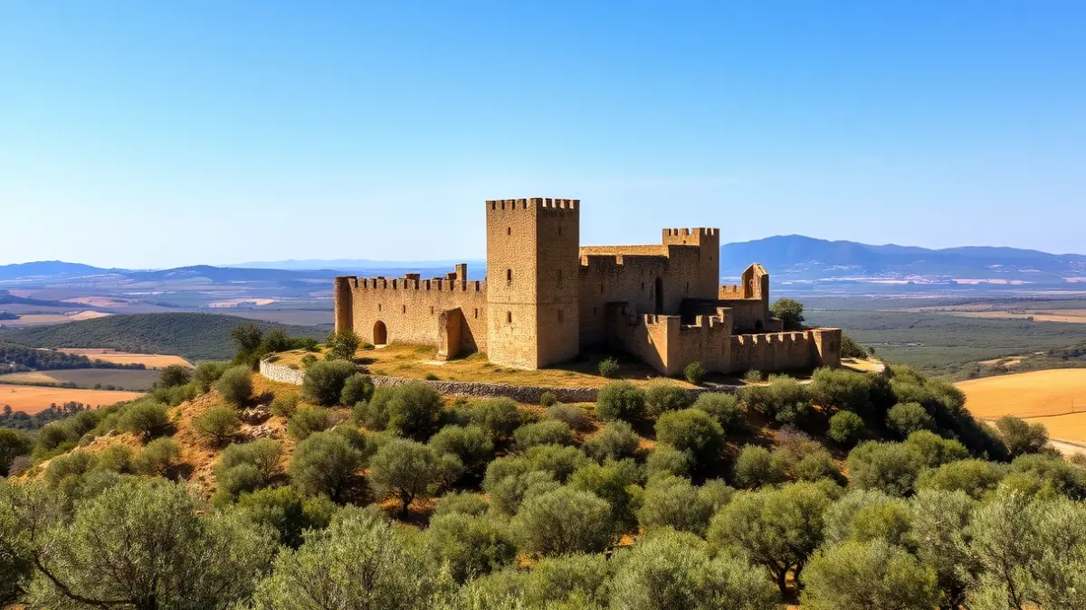 Image of a medieval castle in Jaén province, surrounded by olive trees.