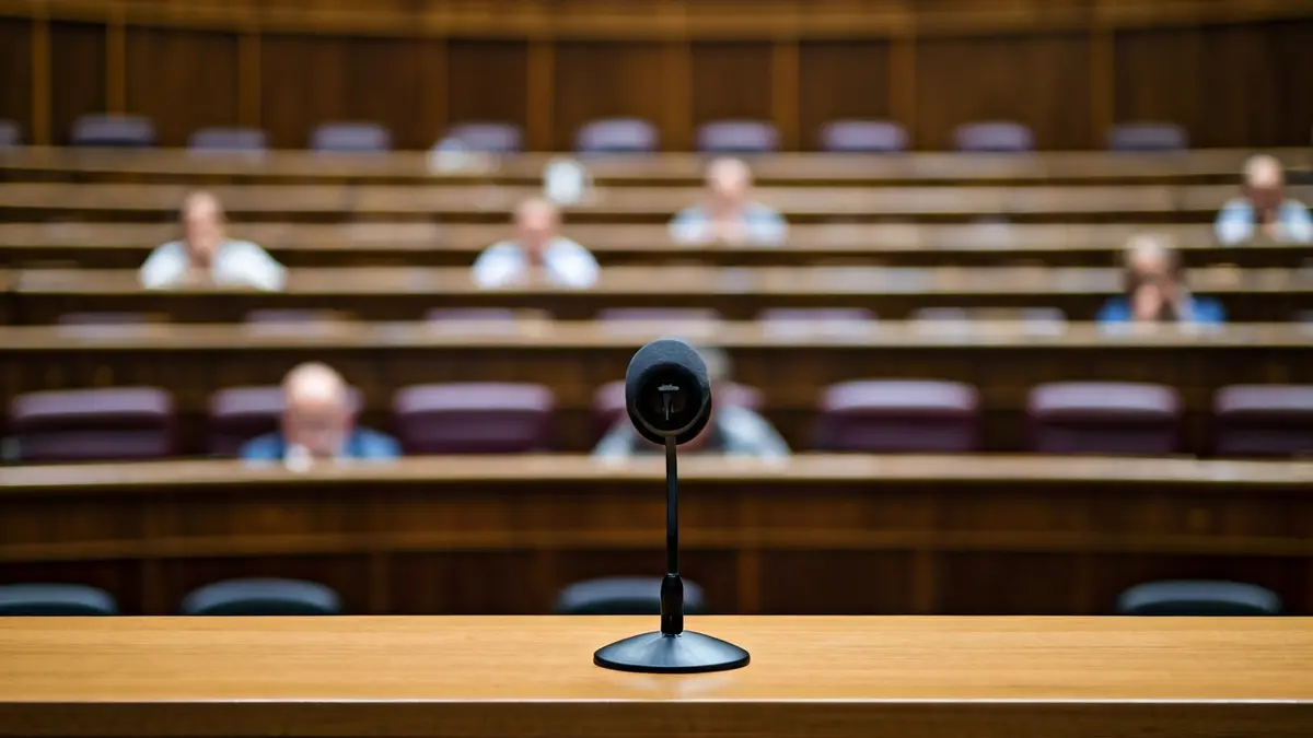 Imagen genérica de un micrófono en un podio en un parlamento andaluz vacío, simbolizando el debate político.