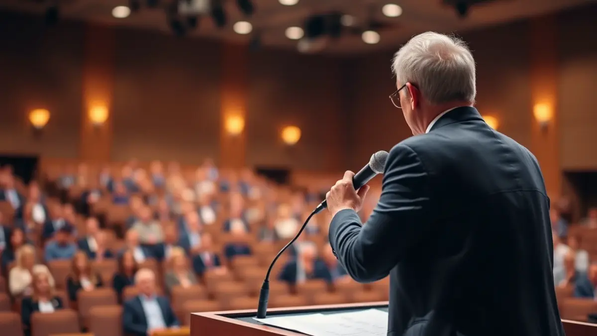 Generic image of a microphone on a podium, symbolizing a political speech.