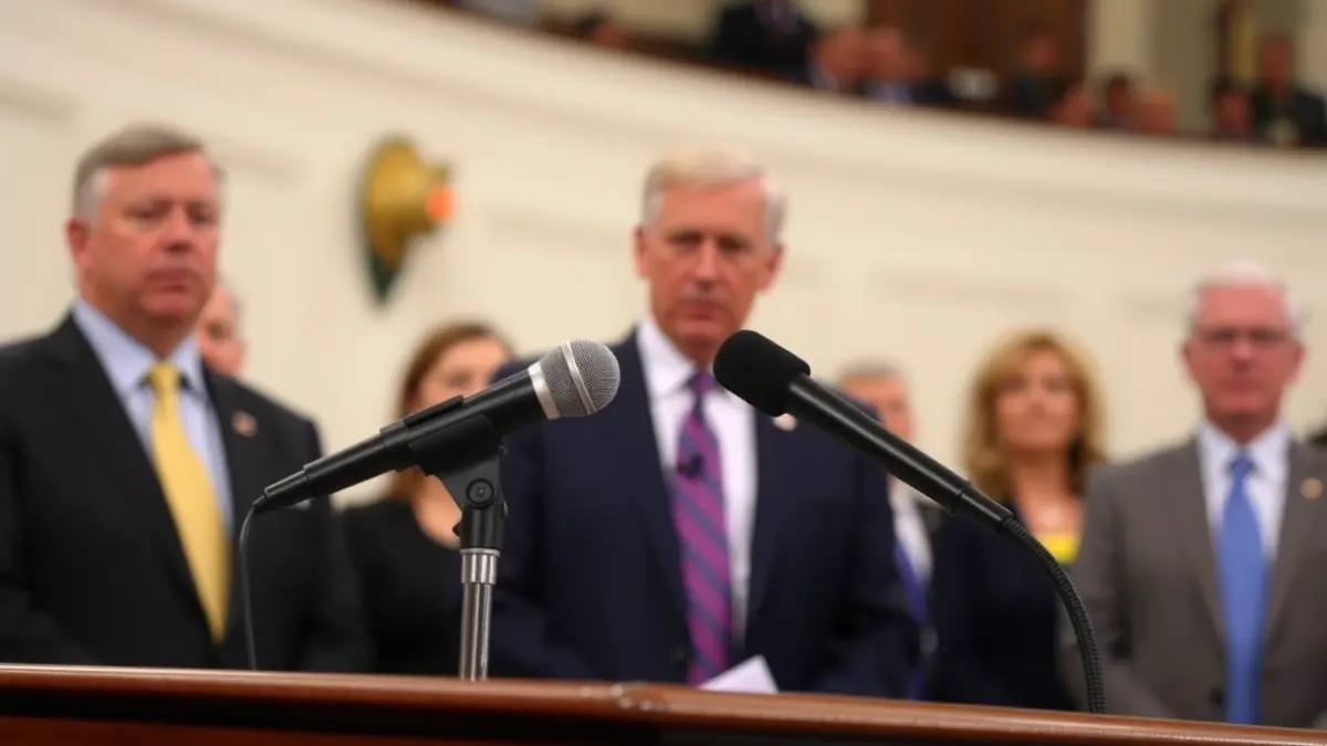 Generic image of a microphone on a podium during a political event.
