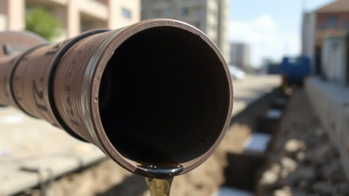 Imagen genérica de una tubería o componente de un sistema de drenaje, con un fondo urbano difuminado.