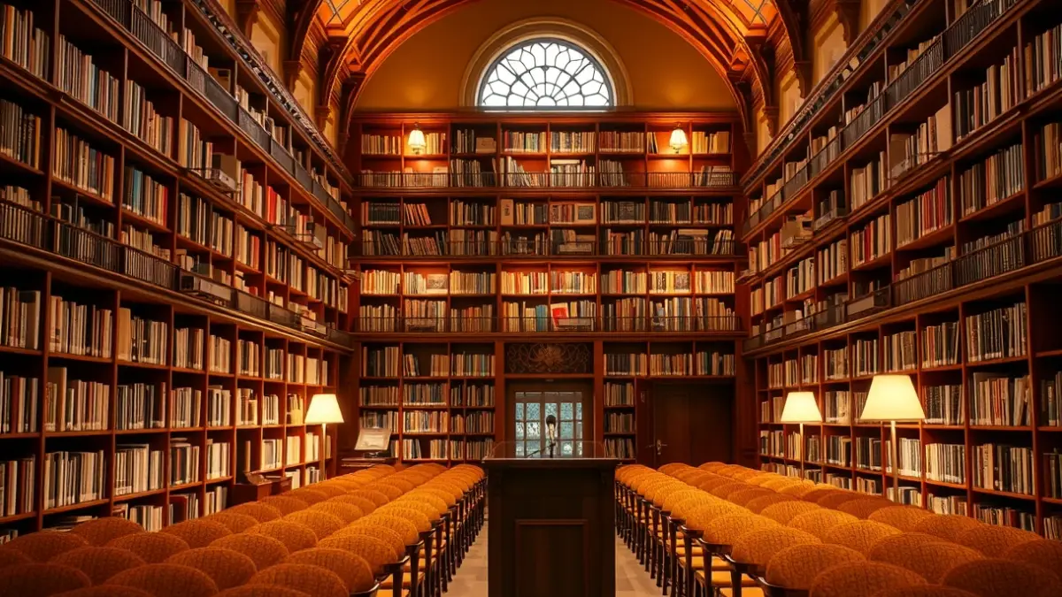 Generic image of a library or conference room with a microphone on a podium, evoking a cultural atmosphere.