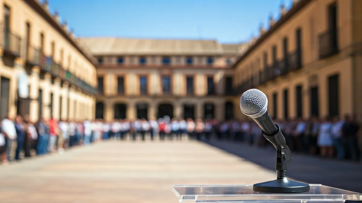 Imagen de un micrófono en un atril durante un acto público en una plaza histórica de Andalucía.