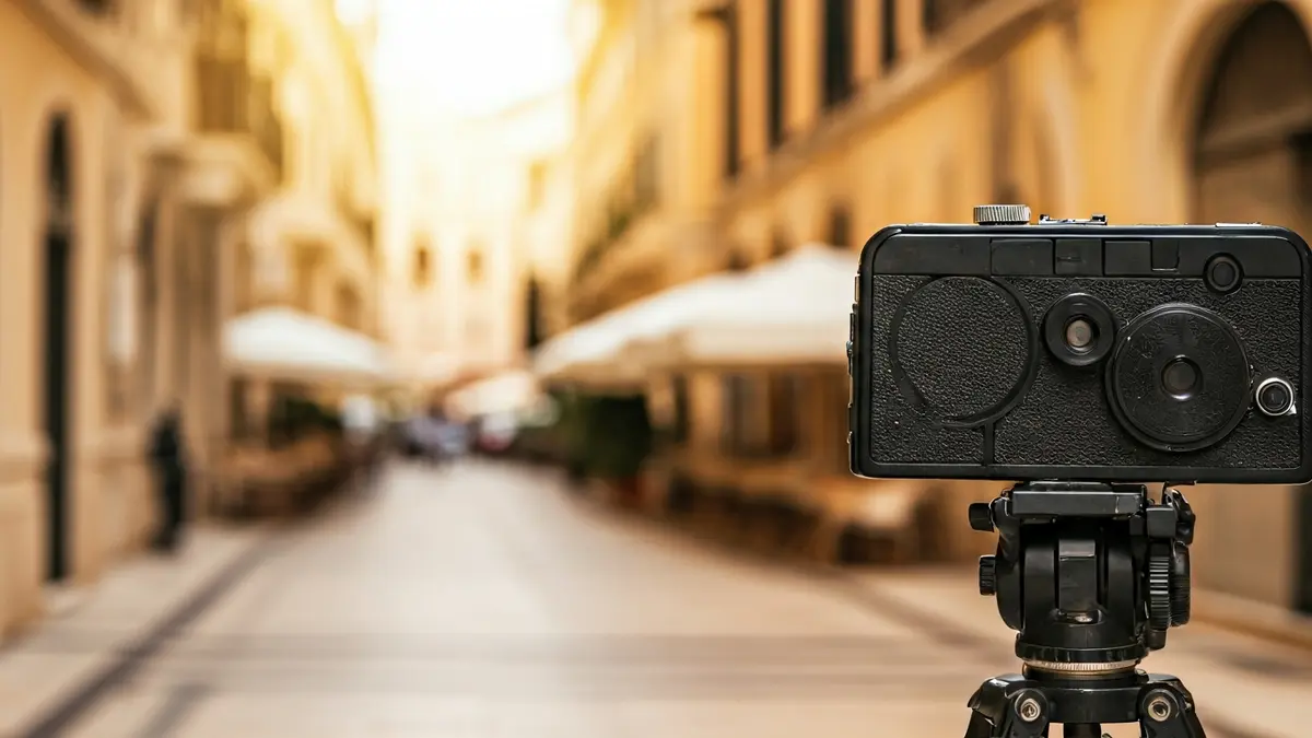 Vintage film camera on a tripod pointing at a historic building facade in a Mediterranean city.