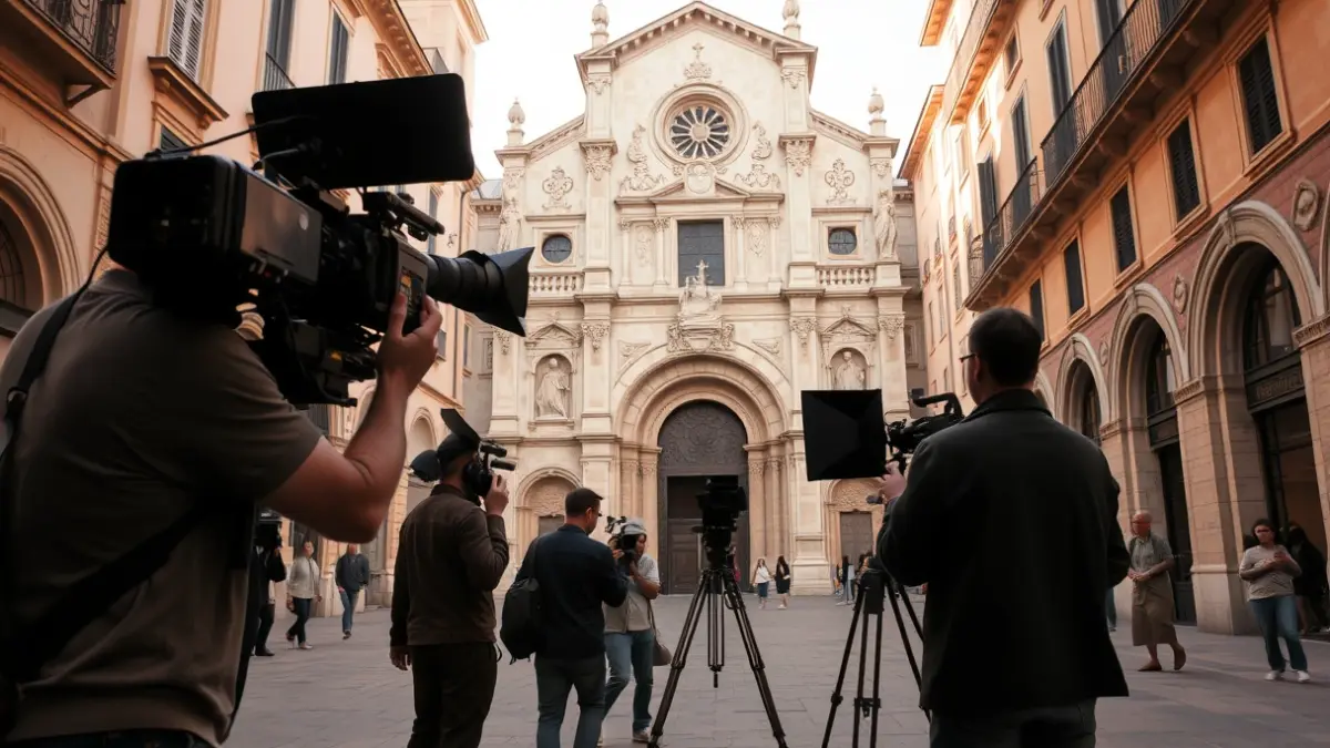 Imagen de un set de rodaje de cine en una ciudad histórica española, con una catedral al fondo.