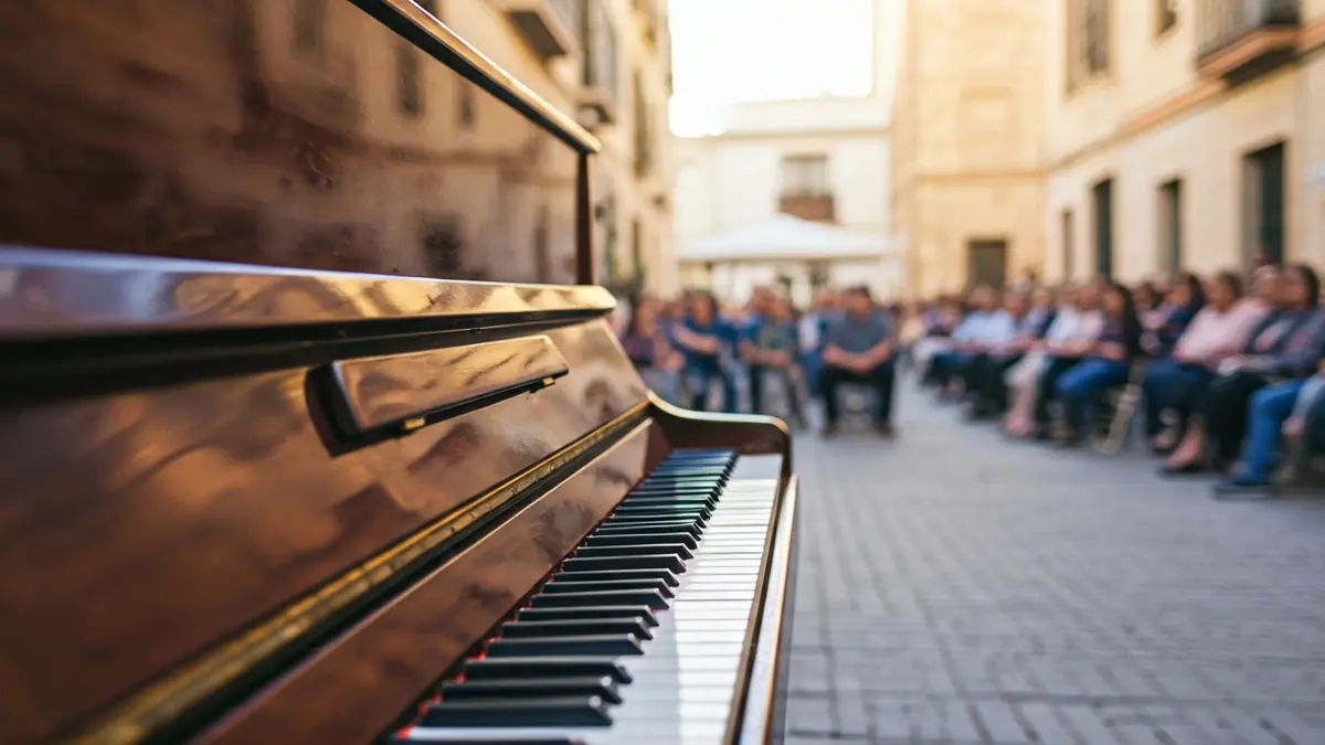 Imagen de un piano en una calle de Jaén durante un concierto al aire libre.