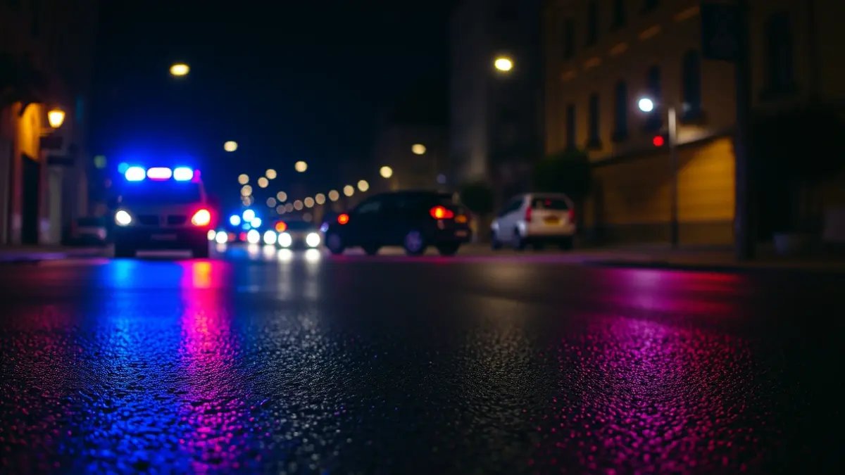 Imagen genérica de luces de emergencia reflejadas en el asfalto mojado, simbolizando cortes de tráfico.