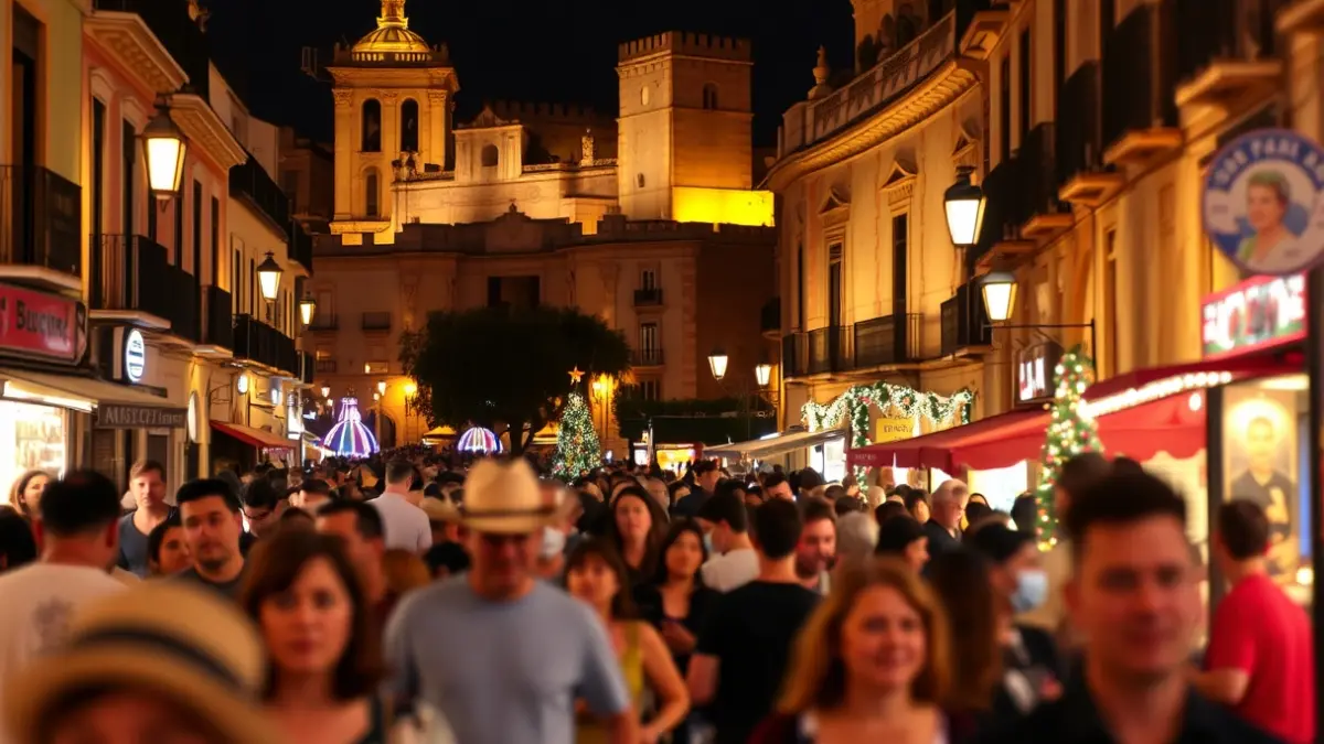 Imagen de una calle animada en una ciudad andaluza durante un evento cultural nocturno.
