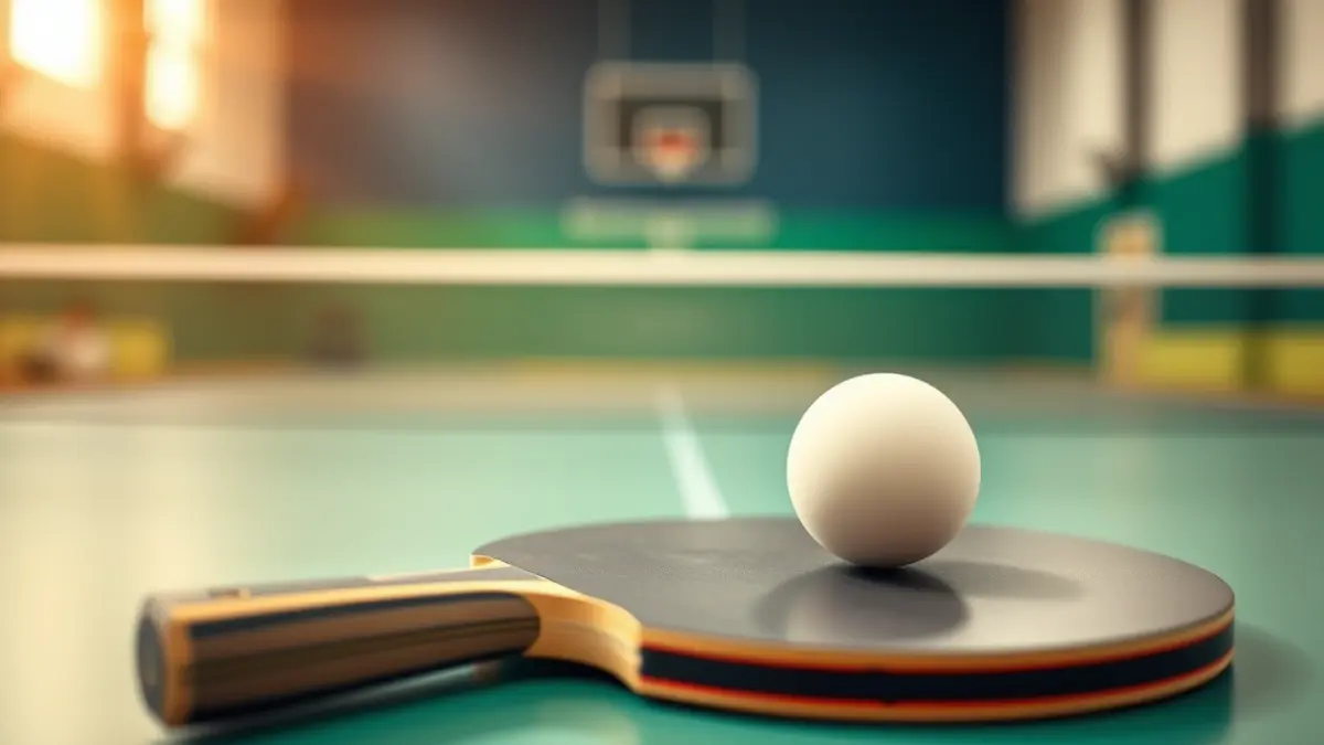 Generic image of a table tennis paddle and ball on a green table.