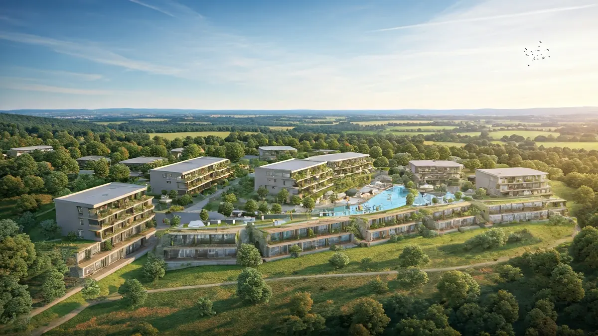 Image of a high-end tourist complex with bungalows and swimming pools in a natural setting.
