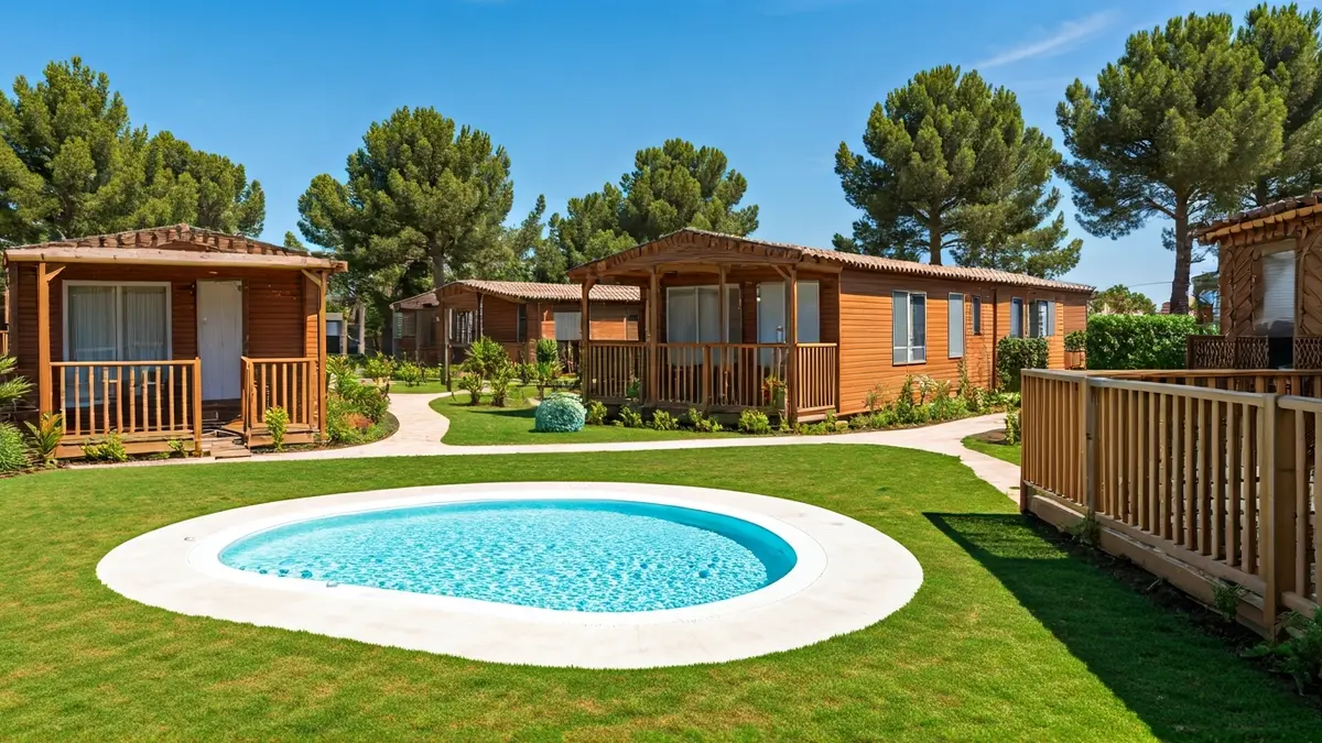 Imagen de un camping resort moderno y ecológico con bungalows y tiendas de campaña, piscinas y vegetación.