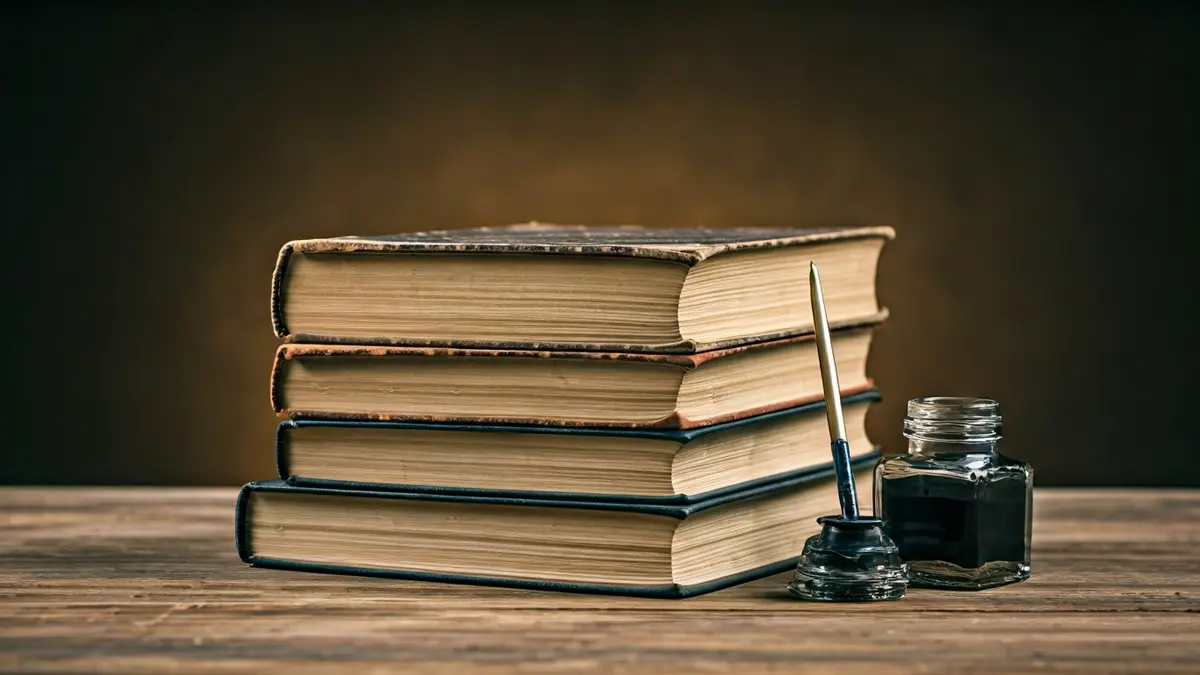 Generic image of old books and writing implements, evoking mystery and art.