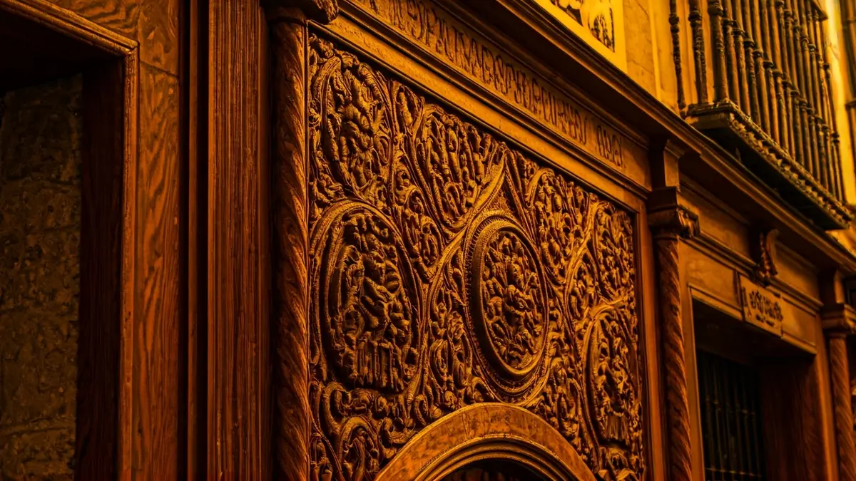 Detail of a wooden carving with Andalusian motifs, representing craftsmanship and cultural heritage.