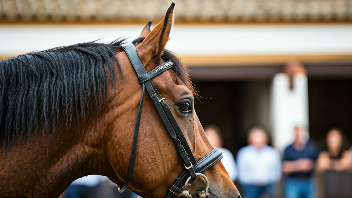 Imagen de un caballo en un entorno ecuestre, con arquitectura andaluza de fondo.
